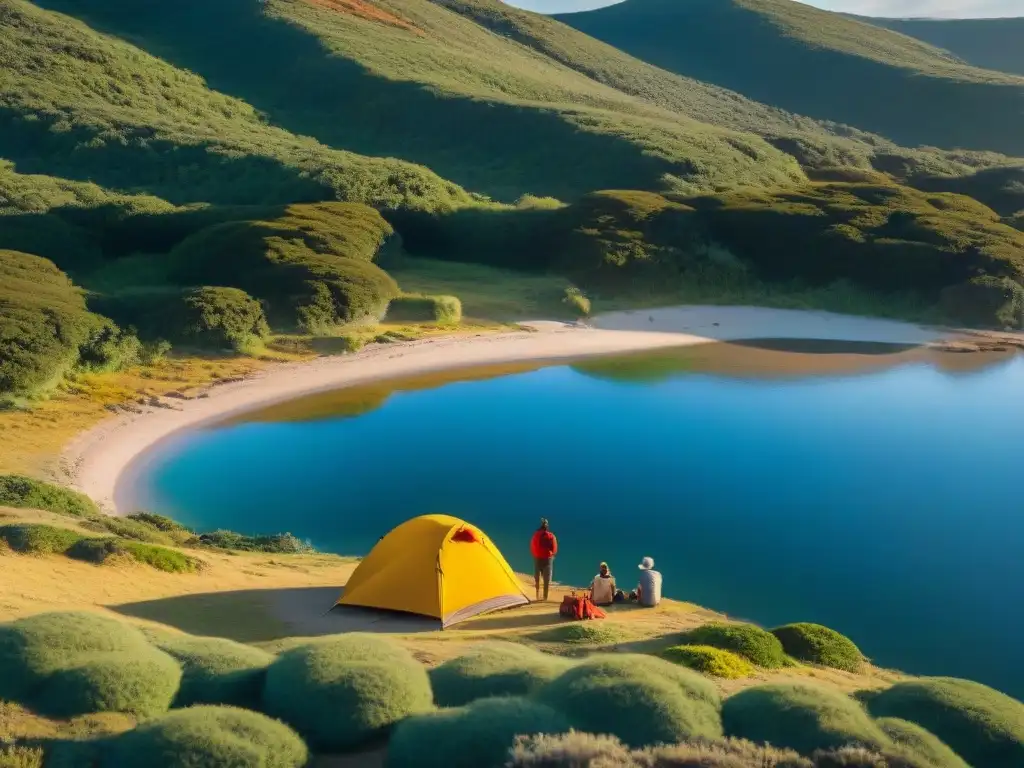 Una familia de aventureros disfruta del camping en Laguna Garzón, Uruguay, con niños jugando cerca del equipamiento