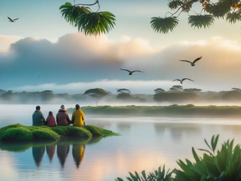 Familia admirando aves en lago de Uruguay, rodeados de exuberante naturaleza