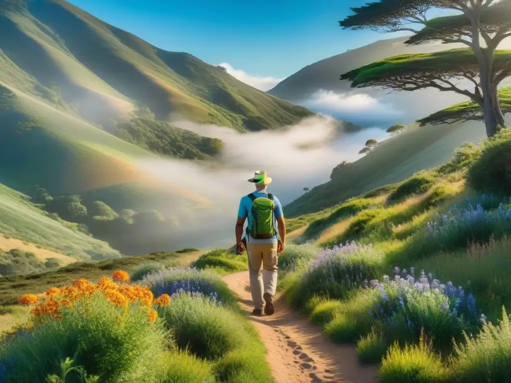 Una familia disfruta de una caminata en un sendero verde de Uruguay, señalando con emoción