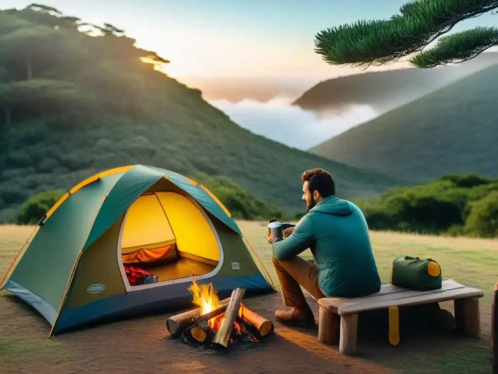 Familia preparando campamento en un bosque de Uruguay al atardecer