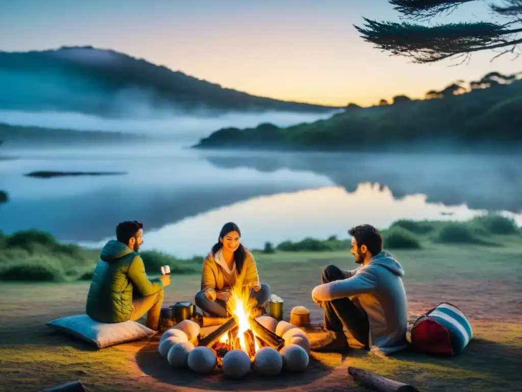 Familia disfruta de un campamento económico en Uruguay alrededor de la fogata al atardecer, junto a un lago sereno