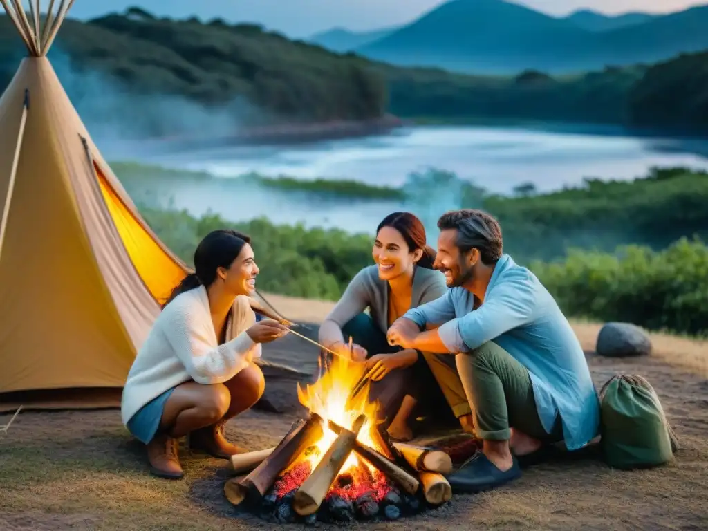 Familia disfruta de un campamento económico en Uruguay, asando malvaviscos alrededor de la fogata en el bosque al anochecer