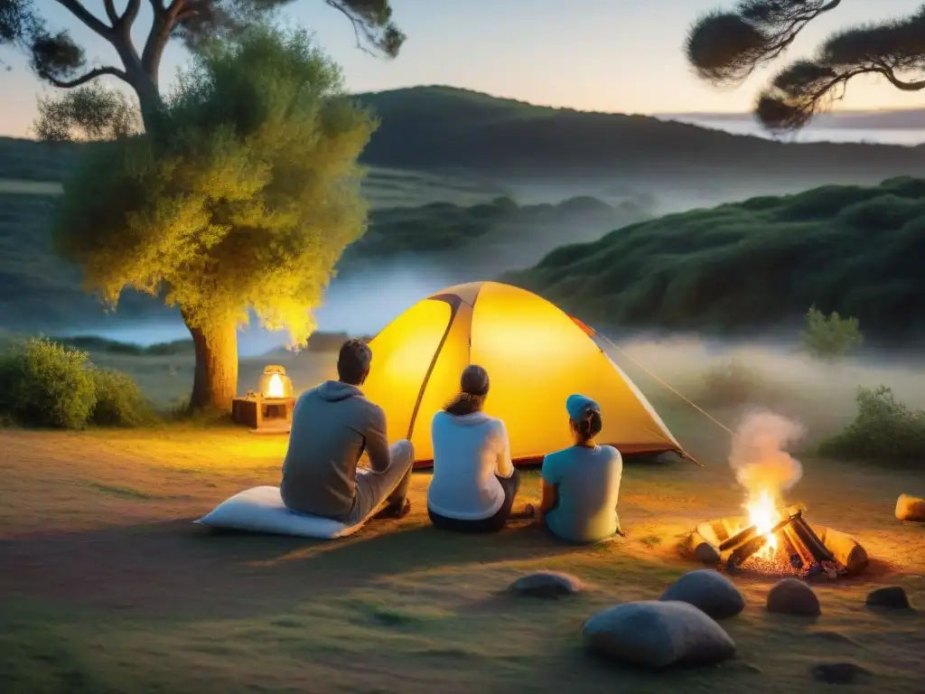 Una familia disfruta de un campamento económico en Uruguay, con una tienda colorida y una fogata, en un entorno sereno al atardecer