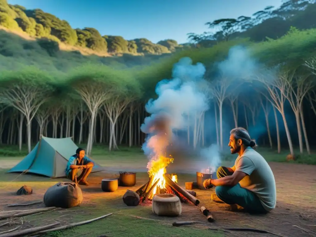 Una familia monta campamento en un frondoso bosque de Uruguay, enseñando consejos de supervivencia