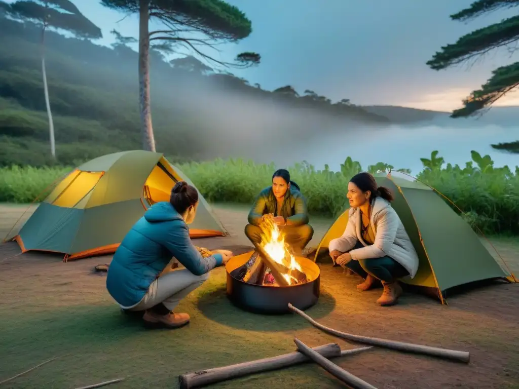 Una familia monta un campamento seguro en los bosques de Uruguay, siguiendo consejos de supervivencia camping