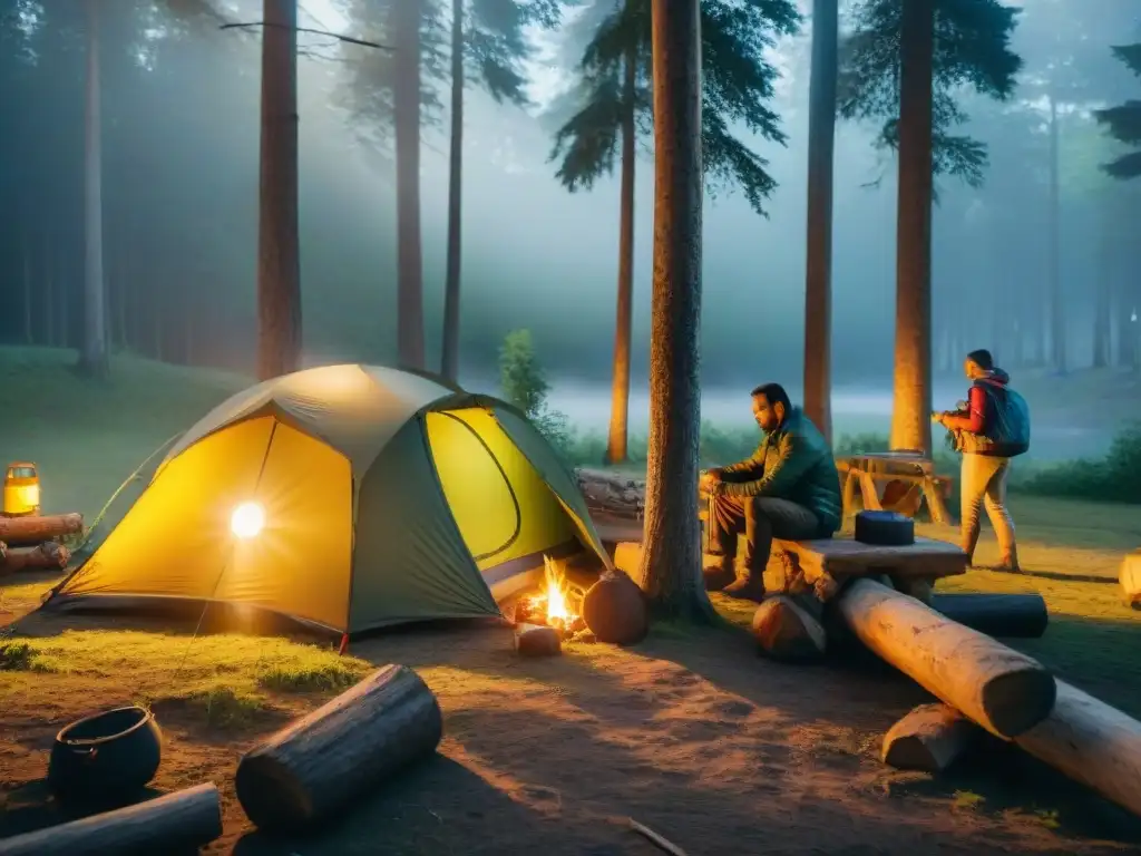 Una familia monta un campamento seguro en un frondoso bosque de Uruguay al atardecer