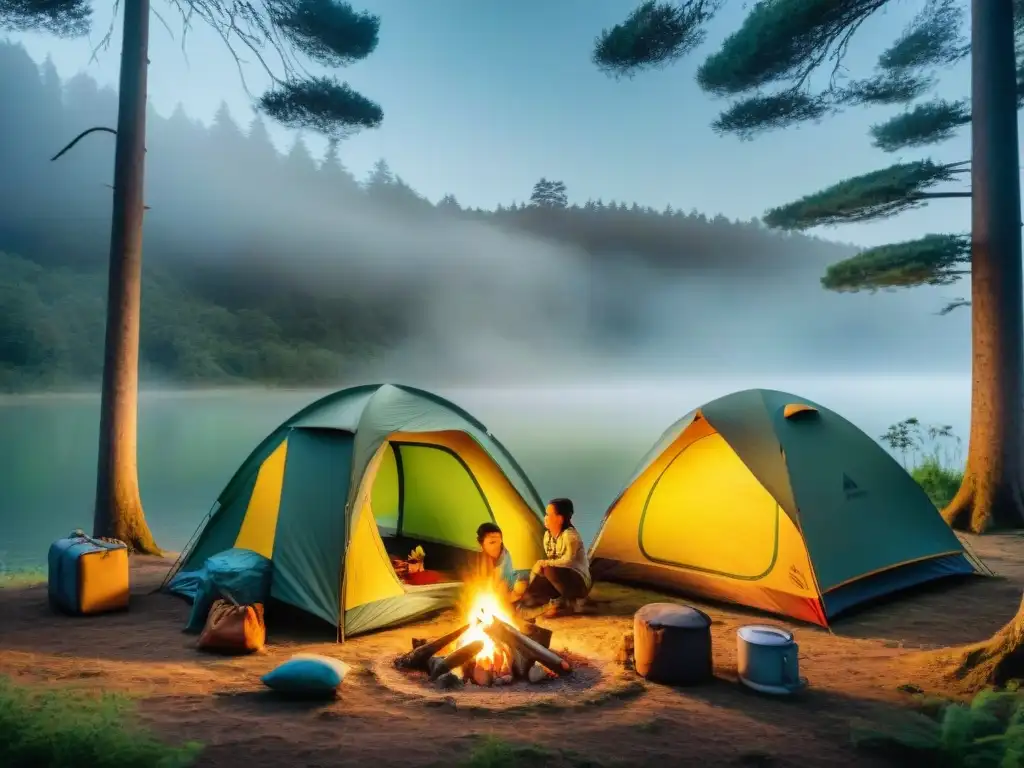 Familia montando campamento seguro con niños en bosque uruguayo: Camping seguro con niños Uruguay