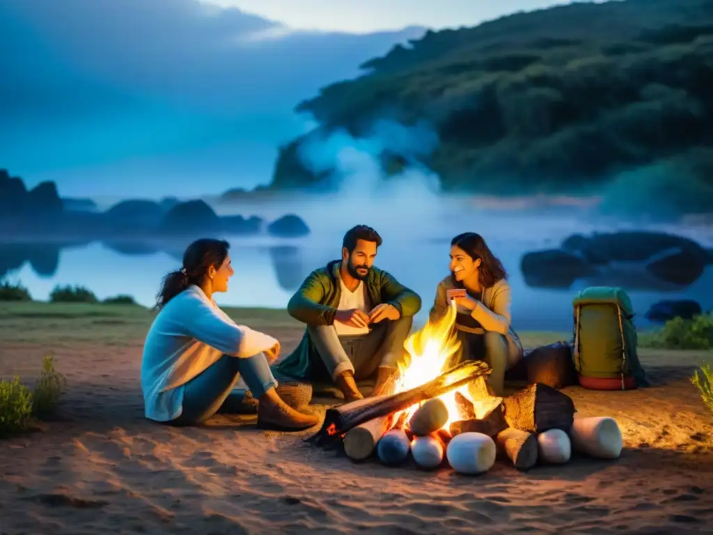 Una familia disfruta de un camping familiar en Uruguay alrededor de la fogata al atardecer, compartiendo historias y marshmallows