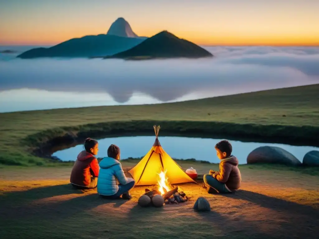 Familia disfruta de un camping seguro con niños en Uruguay, rodeados de paz y alegría alrededor de la fogata al atardecer