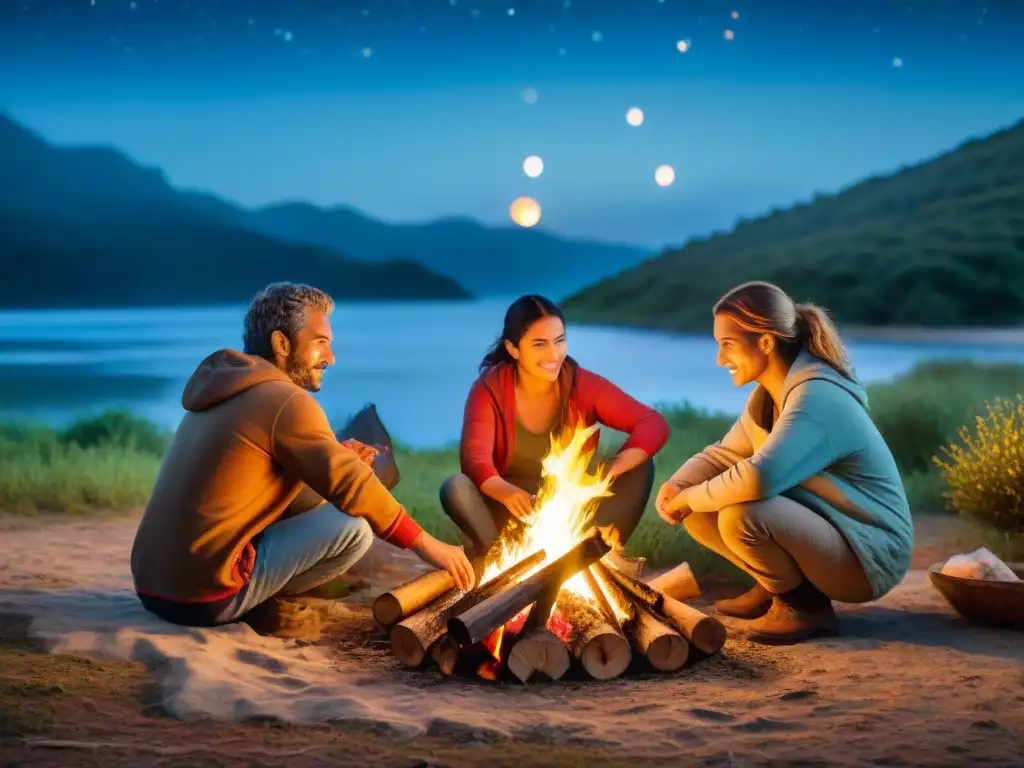 Una familia de campistas en Uruguay encendiendo una fogata con métodos tradicionales bajo un cielo estrellado