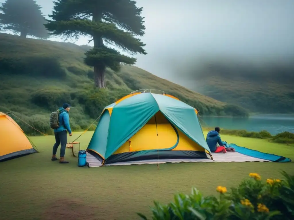 Familia montando colorida tienda de campaña en Uruguay, disfrutando de actividades camping con niños en un entorno natural