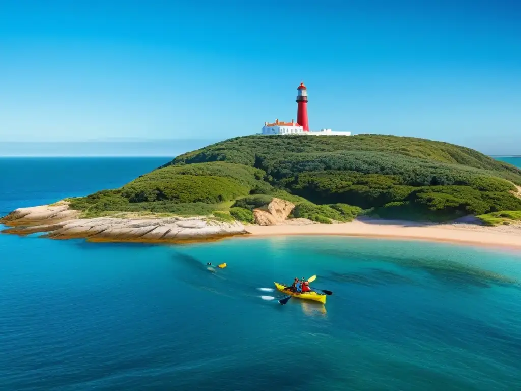 Una familia remando en kayak por la costa de Punta del Este, Uruguay