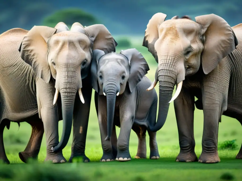 Una familia de elefantes unida en un paisaje verde, mostrando estrategias de defensa fauna local