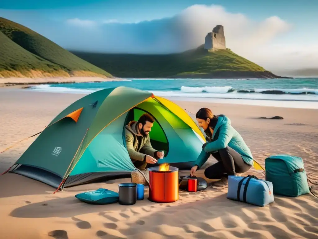 Familia cometiendo errores comunes acampando en la playa de Uruguay