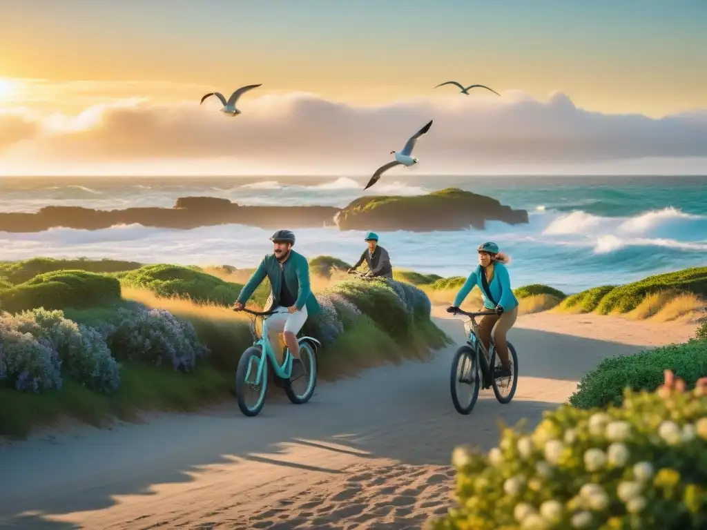 Una familia pedaleando felices en rutas ciclísticas familiares Uruguay, con el sol dorado al atardecer