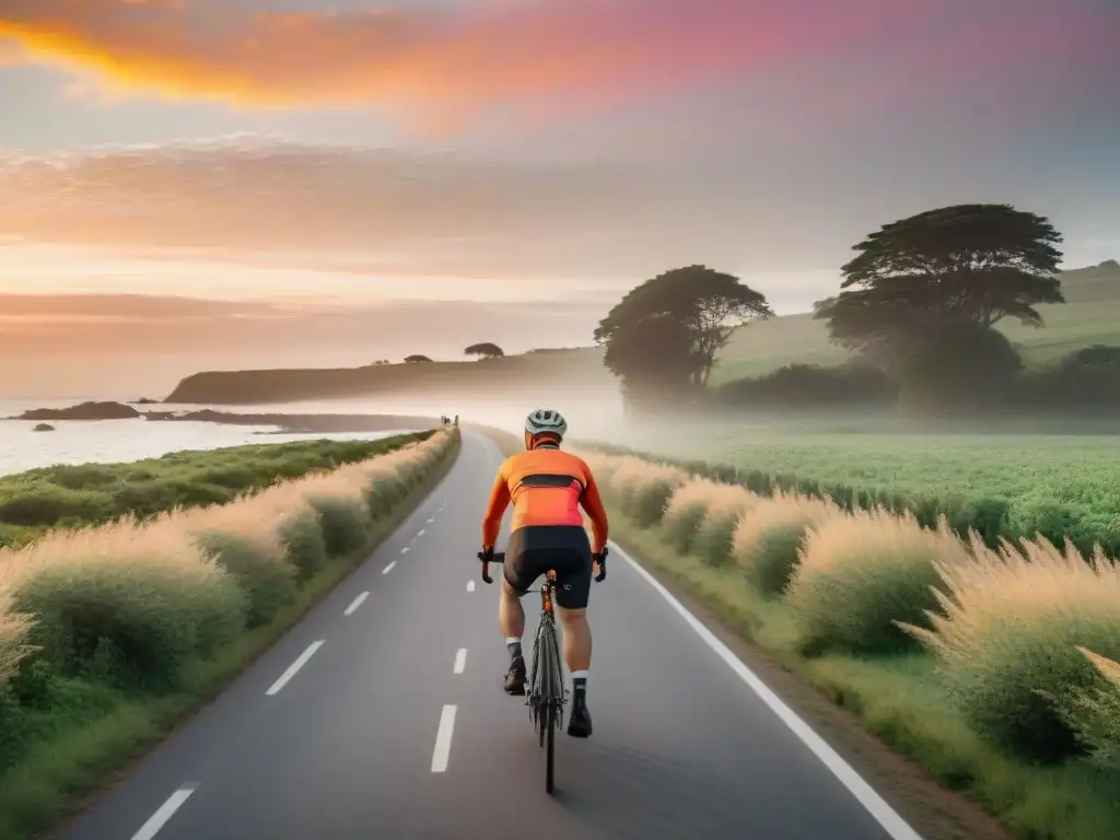 Una familia feliz pedaleando en bicicleta por las rutas ciclísticas familiares de Uruguay al atardecer