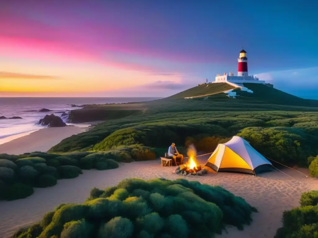 Familia feliz acampando en Cabo Polonio al atardecer, destinos camping fin de semana Uruguay