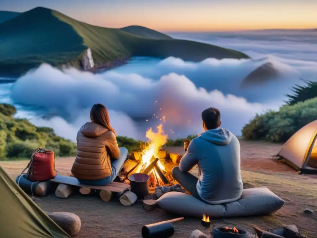 Una familia feliz alrededor de una fogata en un campamento en Uruguay, con Seguros de viaje para camping en Uruguay