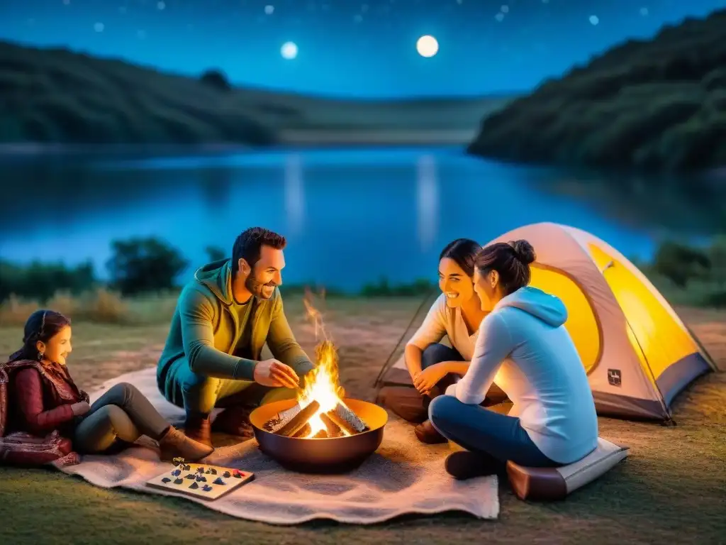 Familia feliz jugando juegos de mesa en camping en Uruguay bajo la noche estrellada