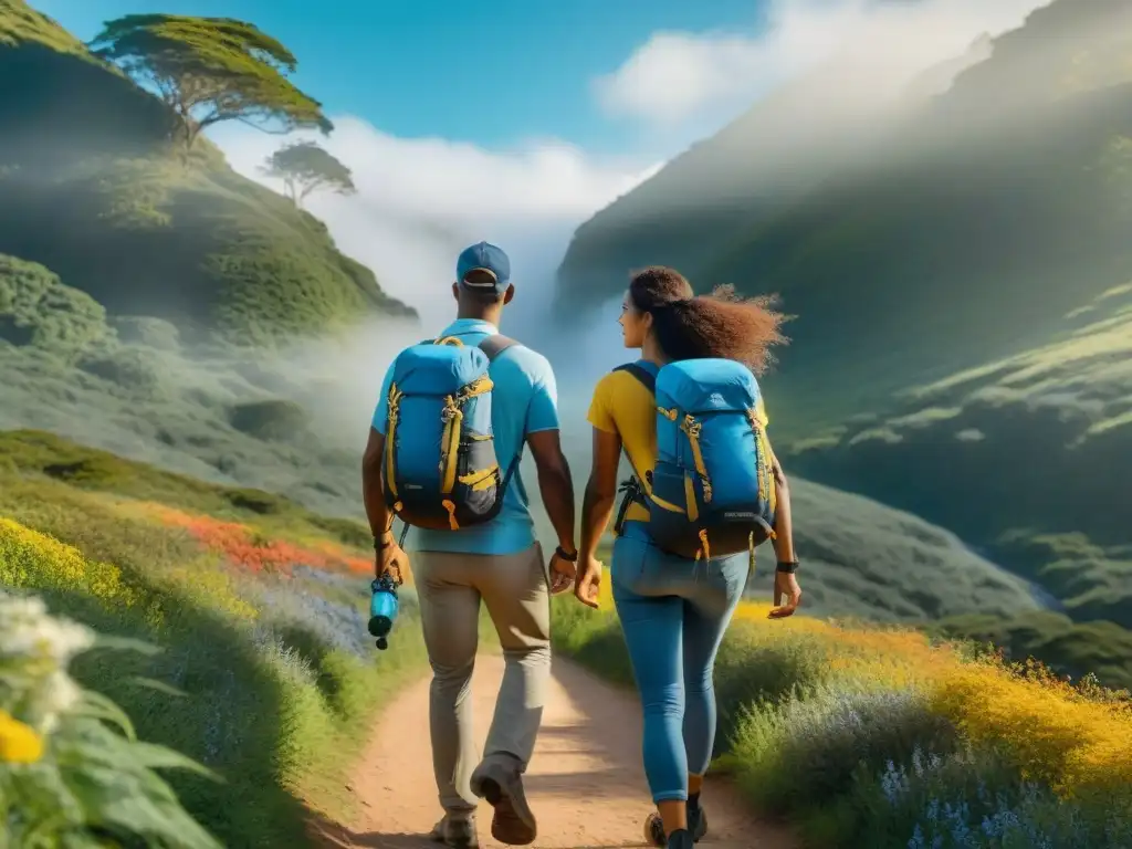 Familia feliz recorriendo senderos en Uruguay, entre naturaleza exuberante y cielo azul