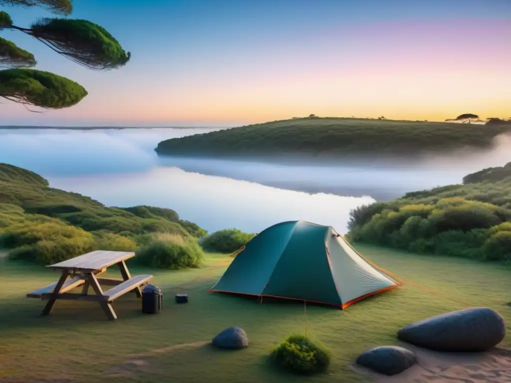 Familia feliz preparando tiendas de campaña junto al lago en Uruguay, destinos camping fin de semana Uruguay