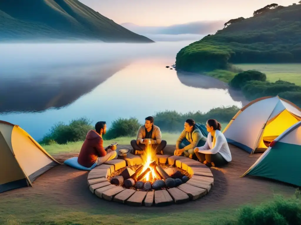 Familia uruguaya disfrutando de una fogata al atardecer en un camping en Uruguay lugares únicos