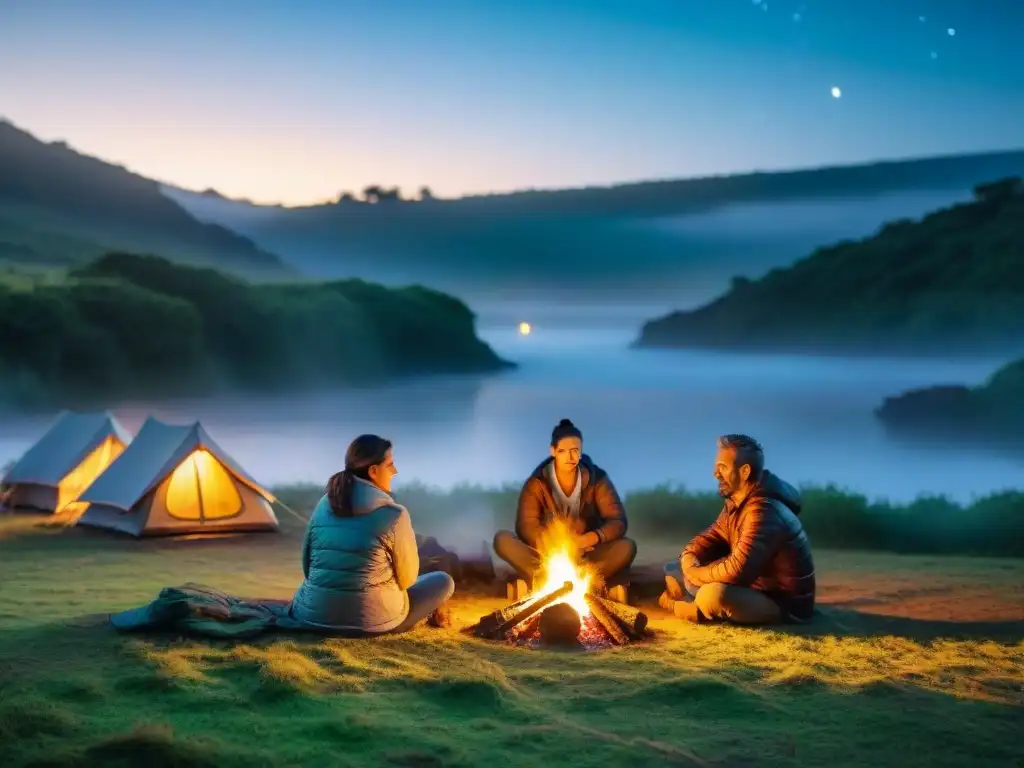 Una familia alrededor de una fogata en un campamento en Uruguay, transmitiendo togetherness y aventura