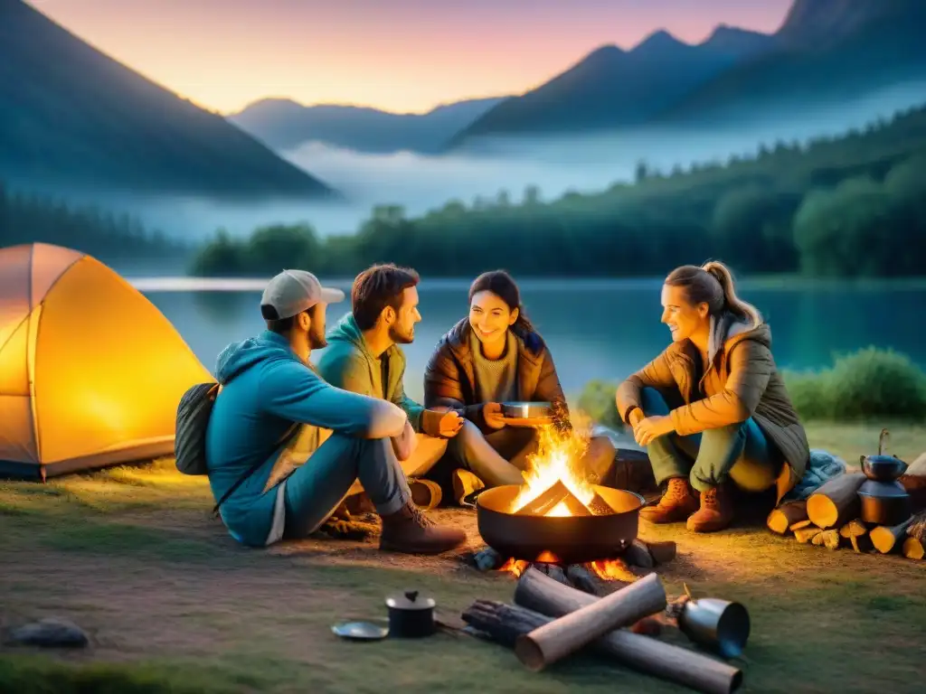 Una familia cocinando alrededor de una fogata en el camping al atardecer