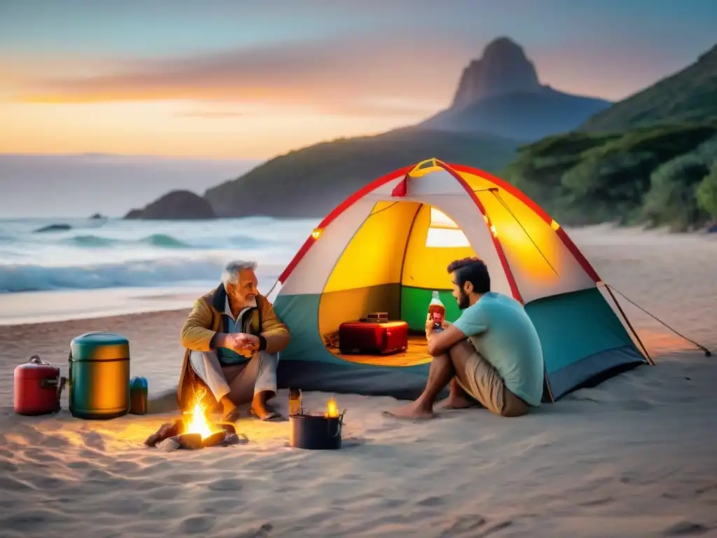 Una familia uruguaya de varias generaciones monta un campamento tradicional en una playa al amanecer, evocando la calidez de la tradición familiar