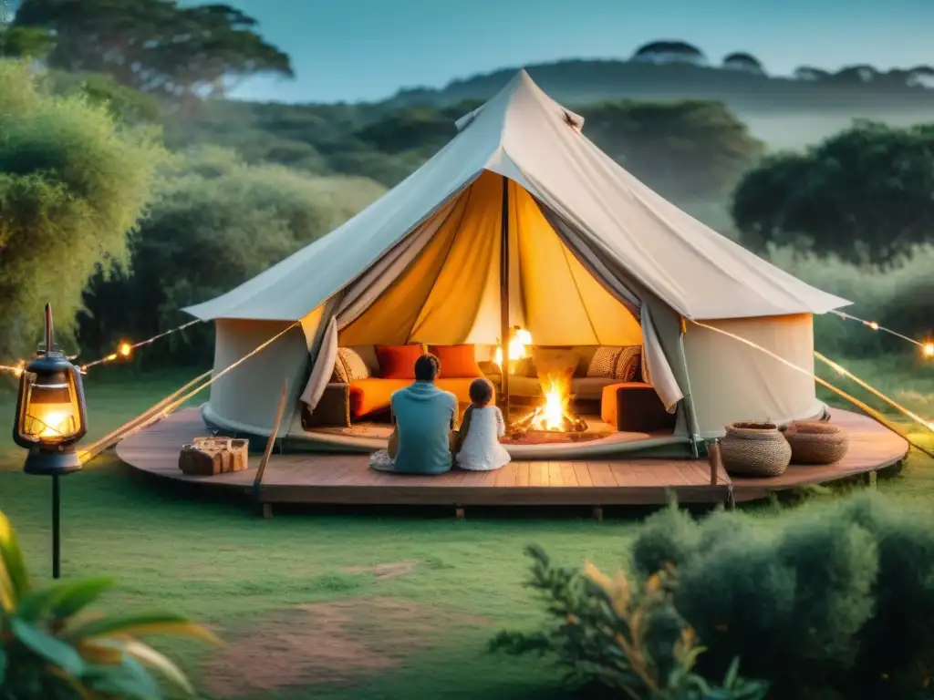 Una familia disfruta del glamping en Uruguay con niños alrededor de la fogata