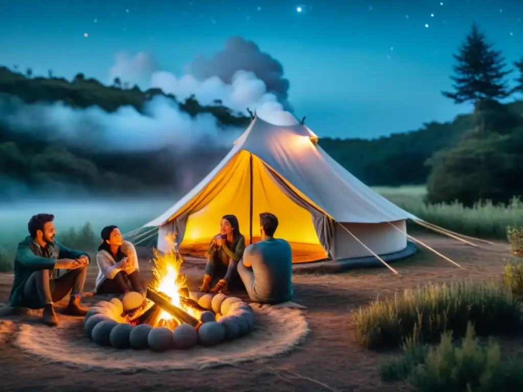 Familia disfrutando de glamping en Uruguay con niños alrededor de fogata en noche estrellada