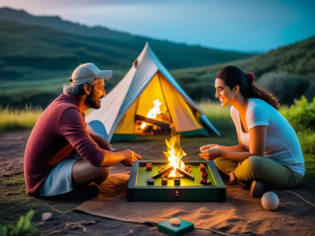 Familia disfrutando de juegos de mesa en un campamento en Uruguay bajo las estrellas