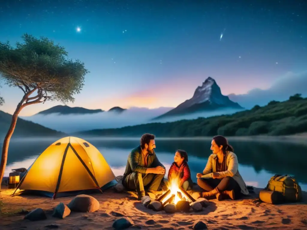 Familia disfruta juegos de mesa en camping en Uruguay, unidos alrededor de fogata nocturna