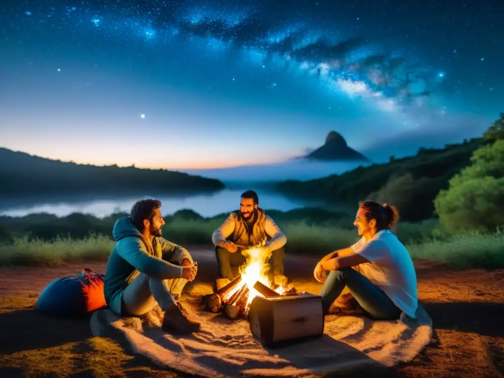 Familia jugando juegos de mesa alrededor de fogata en bosque de Uruguay