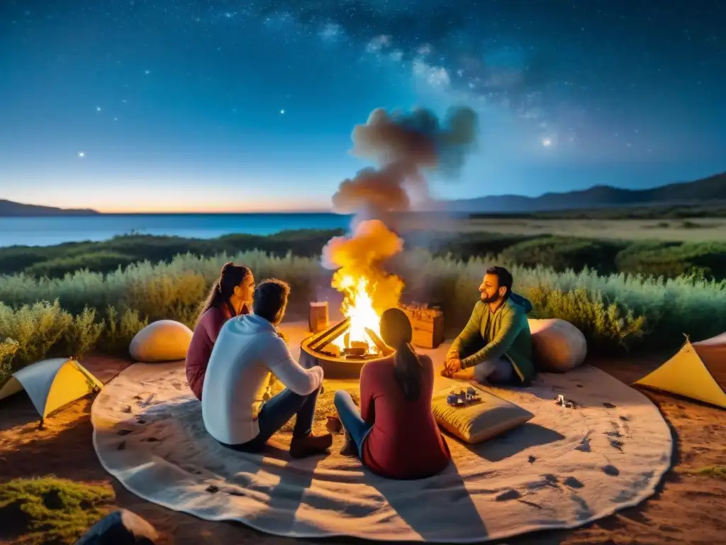 Una familia juega a juegos de mesa alrededor de la fogata en un campamento en Uruguay, bajo las estrellas brillantes