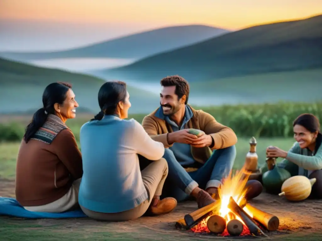 Una familia disfruta de la tradición local de acampar en Uruguay, compartiendo historias alrededor de la fogata con mates en mano