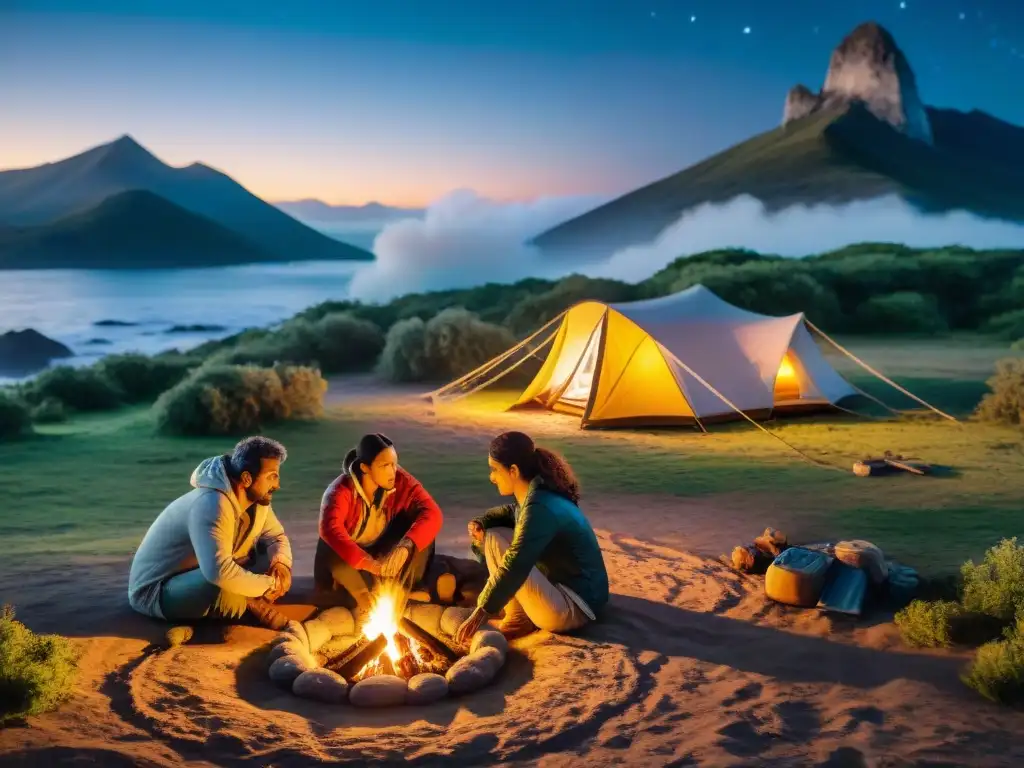 Una familia juega juegos de mesa en un campamento en Uruguay, bajo un cielo estrellado y cálido resplandor de la fogata