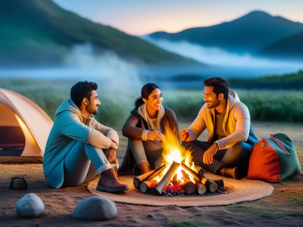 Familia multicultural disfruta de juegos de mesa alrededor de fogata en camping en Uruguay