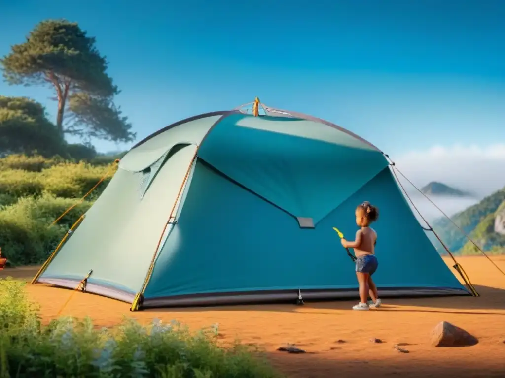 Una familia acampando en la naturaleza, los niños aprendiendo a asegurar la tienda con la guía de sus padres