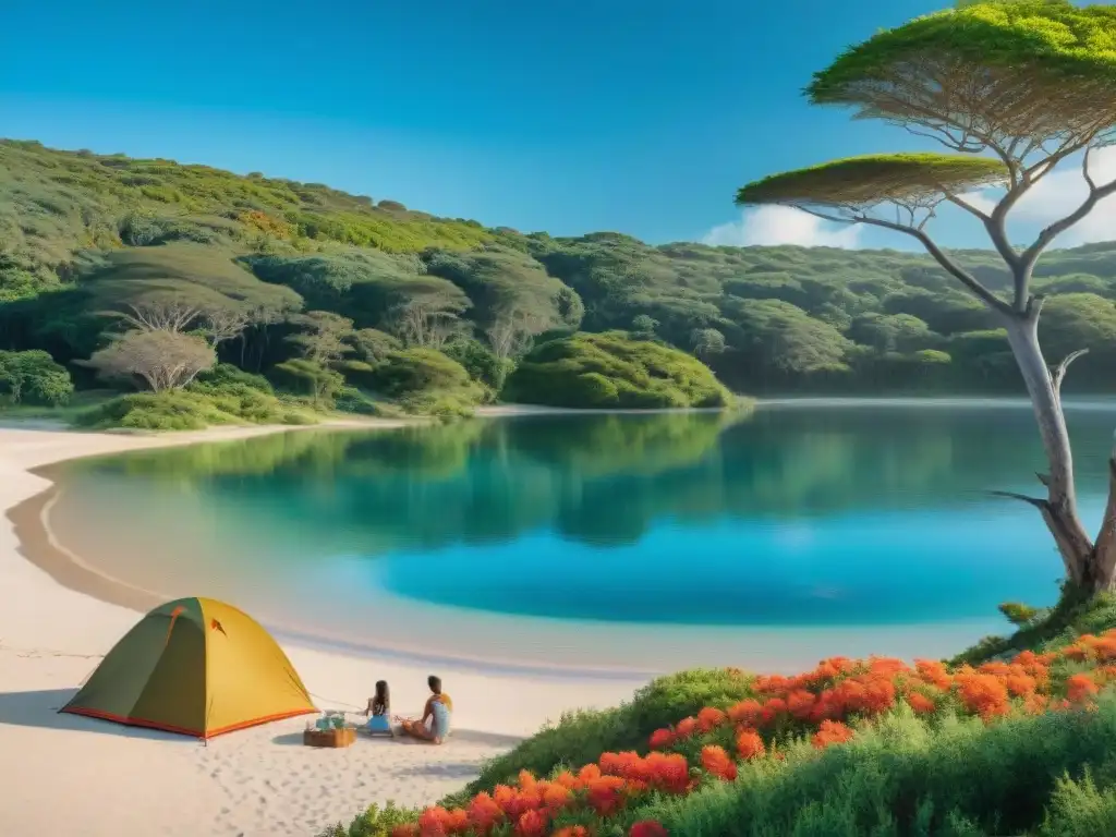 Una familia acampando con niños cerca de una laguna en Uruguay, rodeados de naturaleza exuberante y tranquilidad