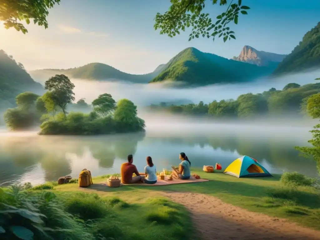 Familia acampando con niños cerca de laguna en bosque tranquilo, ambiente de relajación y unión en la naturaleza