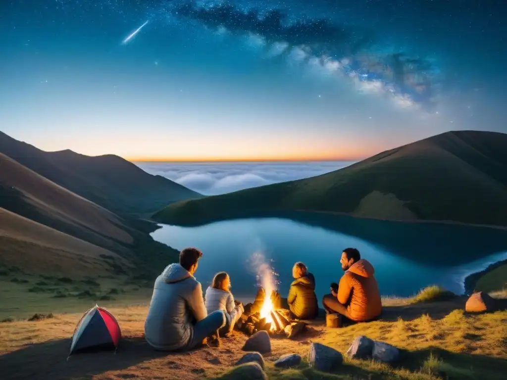 Familia disfruta noche de camping en Uruguay, asando malvaviscos bajo las estrellas