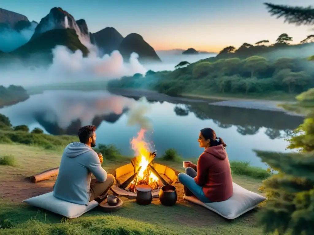 Una familia disfruta de una noche mágica de camping responsable en Uruguay, asando malvaviscos alrededor de la fogata en el bosque