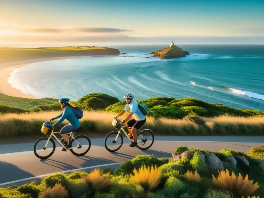 Una familia disfruta de un paseo en bicicleta por la costa de Uruguay al atardecer con la palabra clave 'Rutas ciclísticas familiares Uruguay'