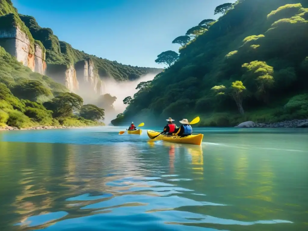 Una familia rema en kayak por un río en Uruguay, rodeada de naturaleza exuberante