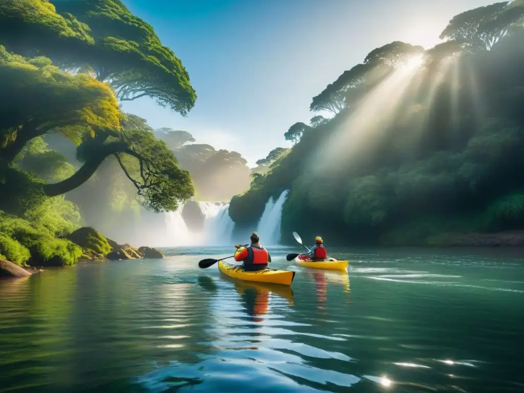 Una familia rema en kayak por un río rodeado de bosques verdes en Uruguay