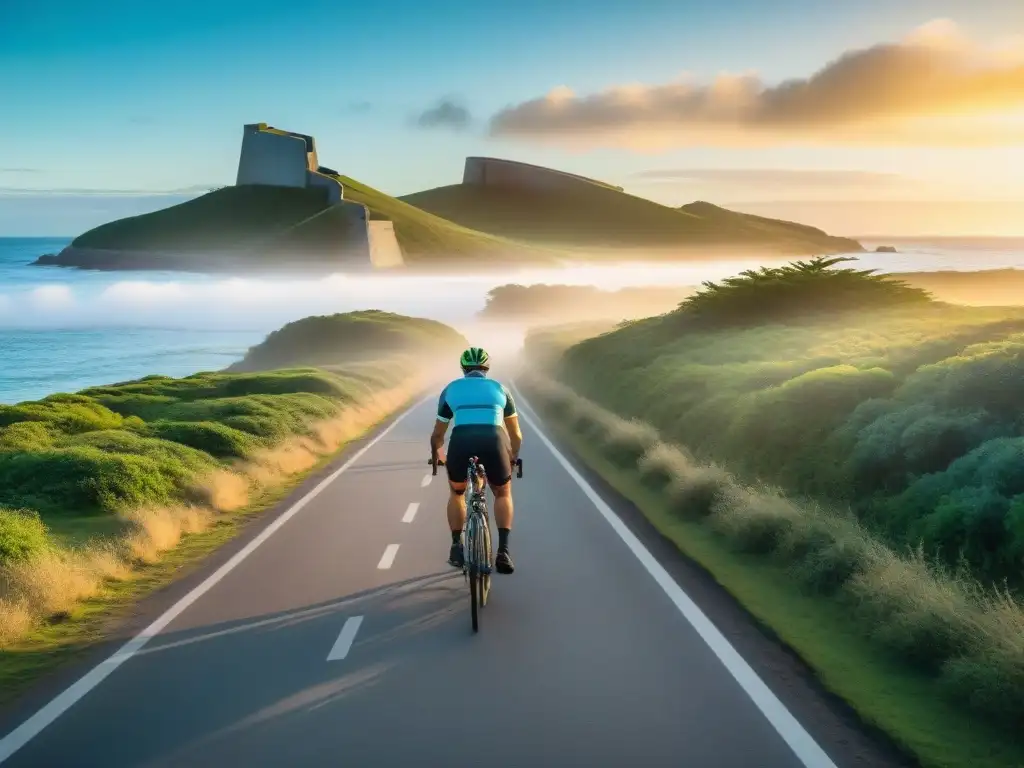 Familia pedaleando por rutas ciclísticas familiares en Uruguay al atardecer