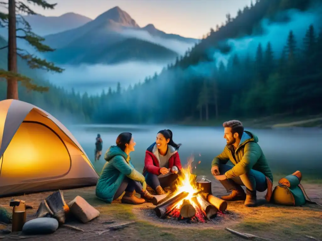 Familia disfrutando de la seguridad en camping en Uruguay, con fogata en bosque