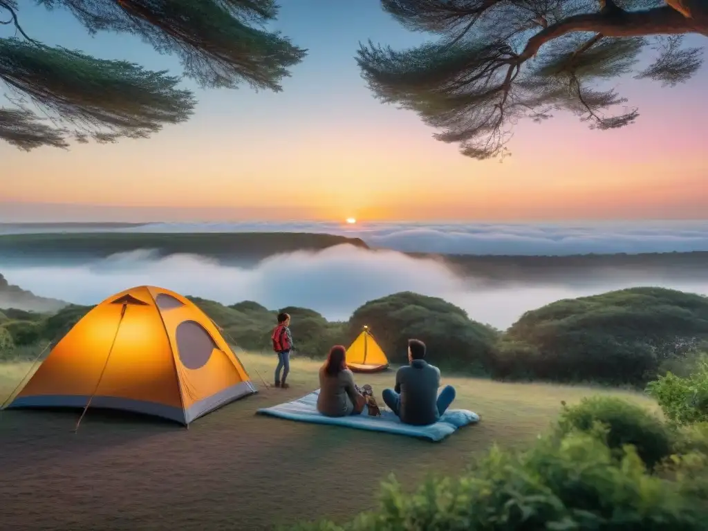 Familia montando tienda de campaña en campamento en Uruguay con niños, rodeados de naturaleza al atardecer