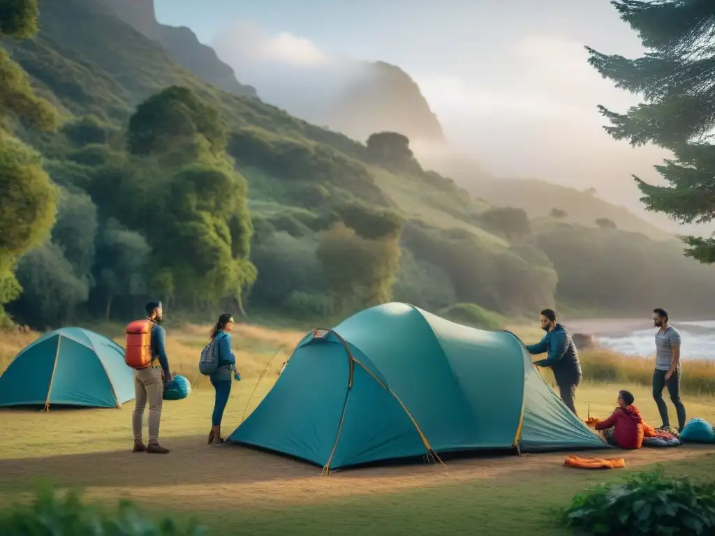 Una familia montando tienda de campaña en un camping en Uruguay al atardecer, niños riendo y jugando